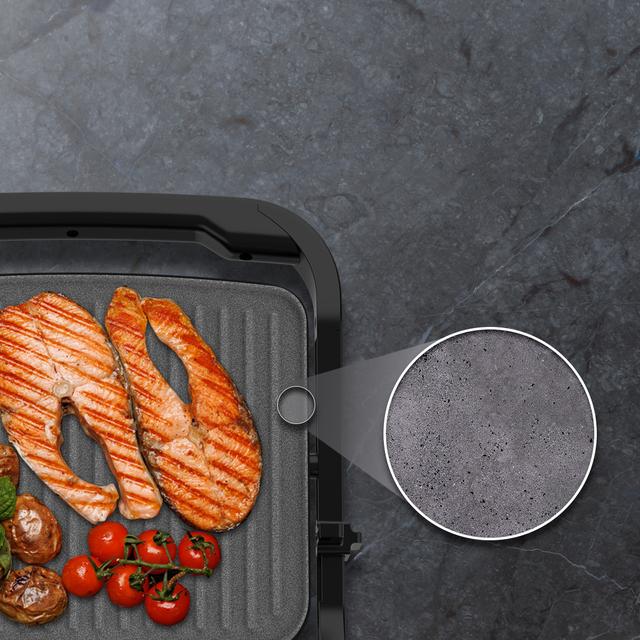 Gril électrique Rock'nGrill 1500 à ouverture totale (1500 W). Revêtement en pierre RockStone. Ouverture à 180°. Bac de récupération des graisses.