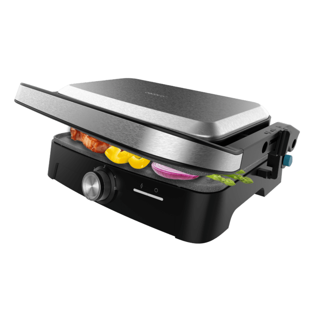Gril électrique Rock'nGrill 1500 à ouverture totale (1500 W). Revêtement en pierre RockStone. Ouverture à 180°. Bac de récupération des graisses.