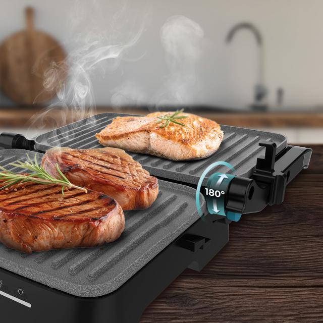 Rock'nGrill 2000 Full Open Grelhador elétrico com 2000W. Revestimento de pedra RockStone. Abertura 180º. Bandeja de recolha de gordura.