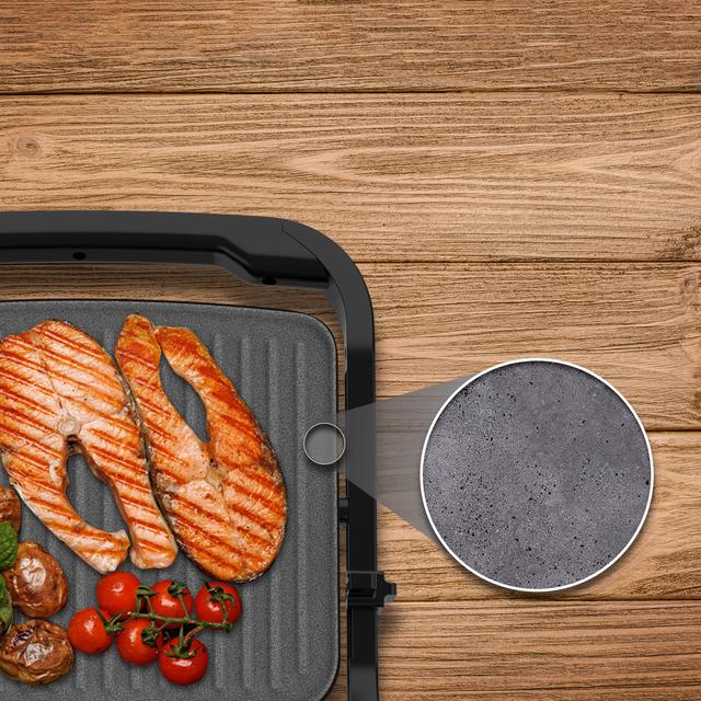 Rock'nGrill 2000 Full Open Grelhador elétrico com 2000W. Revestimento de pedra RockStone. Abertura 180º. Bandeja de recolha de gordura.