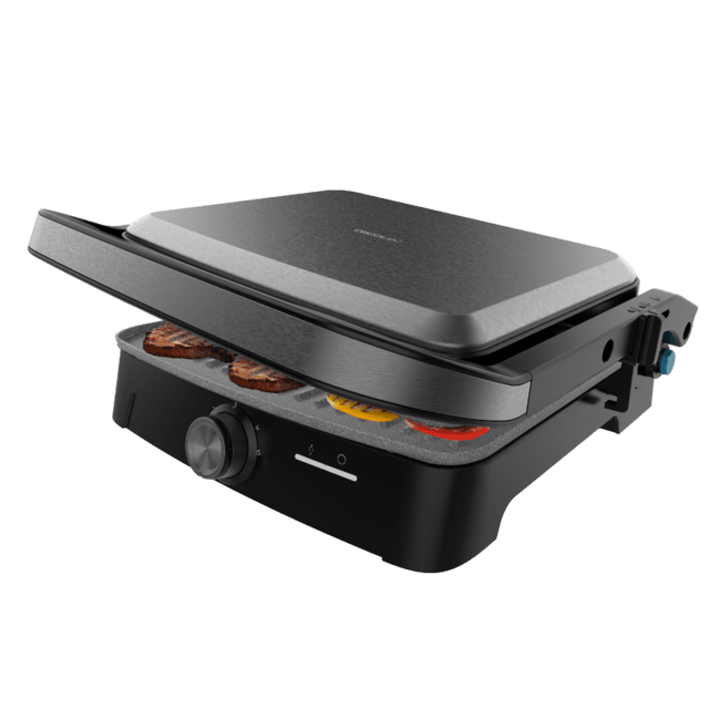 Rock'nGrill 2000 Full Open Grelhador elétrico com 2000W. Revestimento de pedra RockStone. Abertura 180º. Bandeja de recolha de gordura.