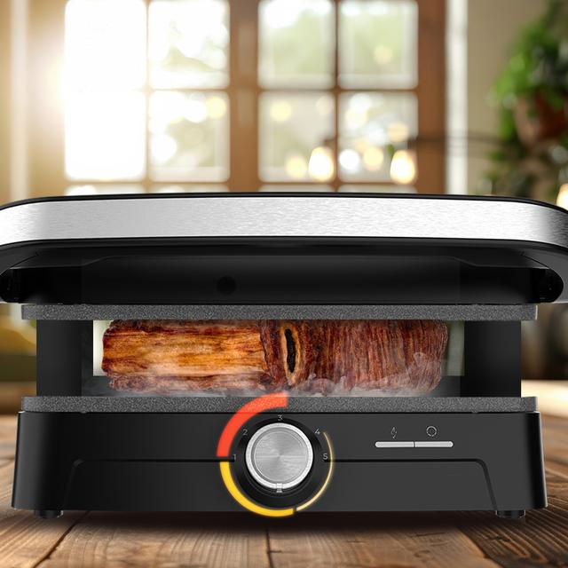 Rock'nGrill 2000 Full Open Grelhador elétrico com 2000W. Revestimento de pedra RockStone. Abertura 180º. Bandeja de recolha de gordura.