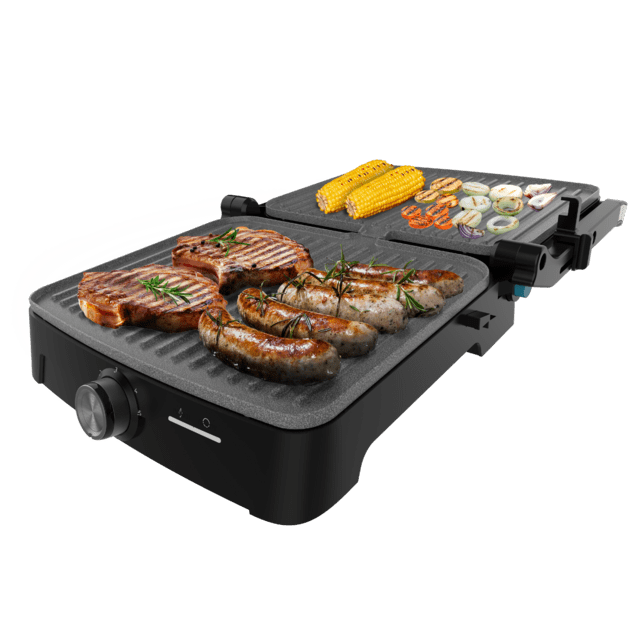 Rock'nGrill 2000 Full Open Grelhador elétrico com 2000W. Revestimento de pedra RockStone. Abertura 180º. Bandeja de recolha de gordura.