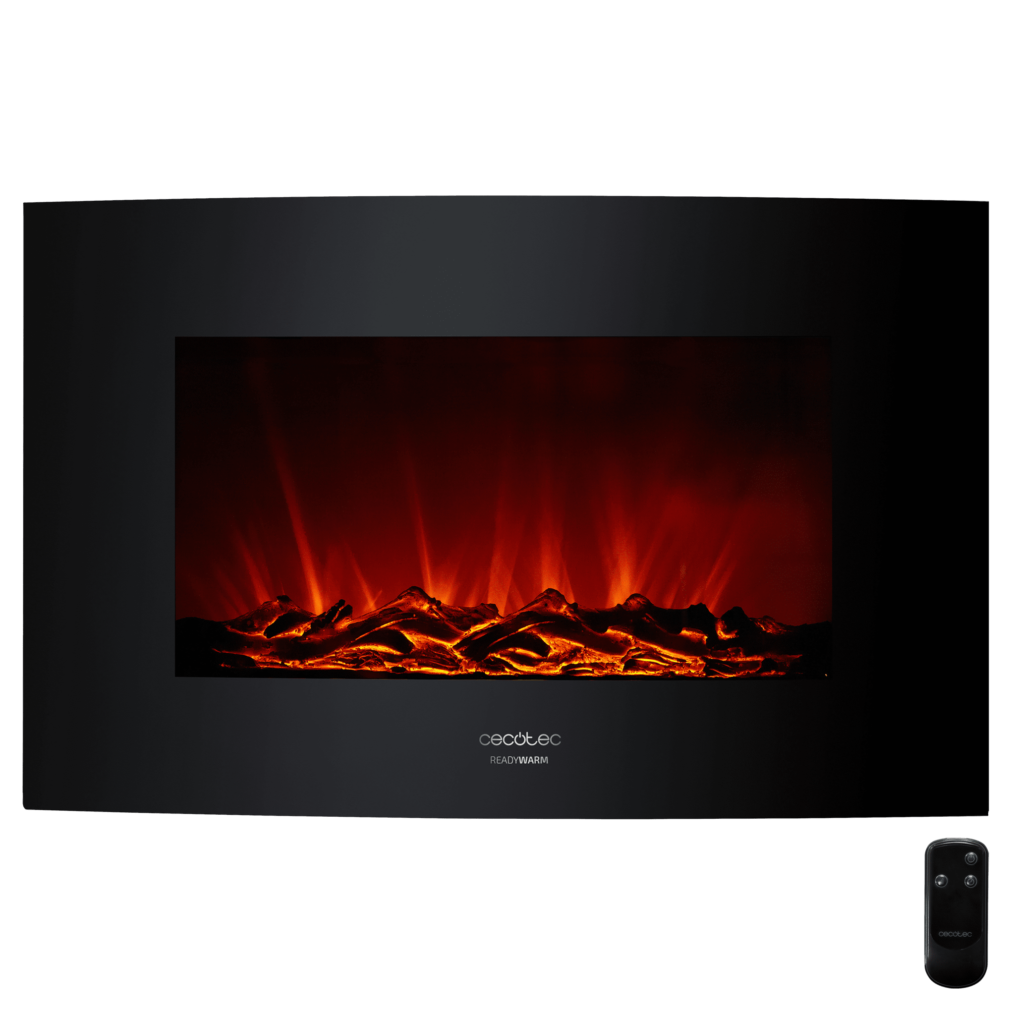 Ready Warm 3510 Curved Flames Caminetto elettrico decorativo da 35” con massima potenza da 2000 W. Due intensità 1000 W e 2000 W. telecomando. Pannello curvo in vetro tiepido. Fiamma indipendente e regolabile. Timer settimanale. Sensore porta aperta.