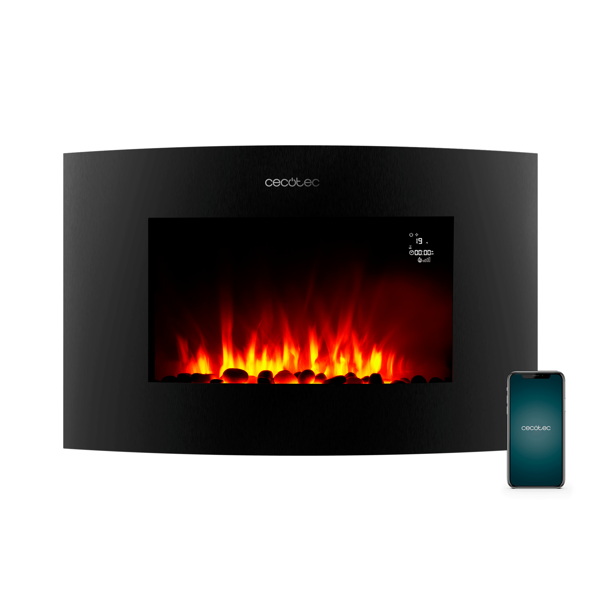 ReadyWarm 3560 Curved Flames Connected Cheminée électrique décorative de 35” avec une puissance maximale de 2000 W. Deux intensités 1000 W et 2000 W. Contrôle via wifi. Télécommande. Panneau courbe en verre trempé. Flamme indépendante et ajustable. Minuterie hebdomadaire. Capteur de porte ouverte.