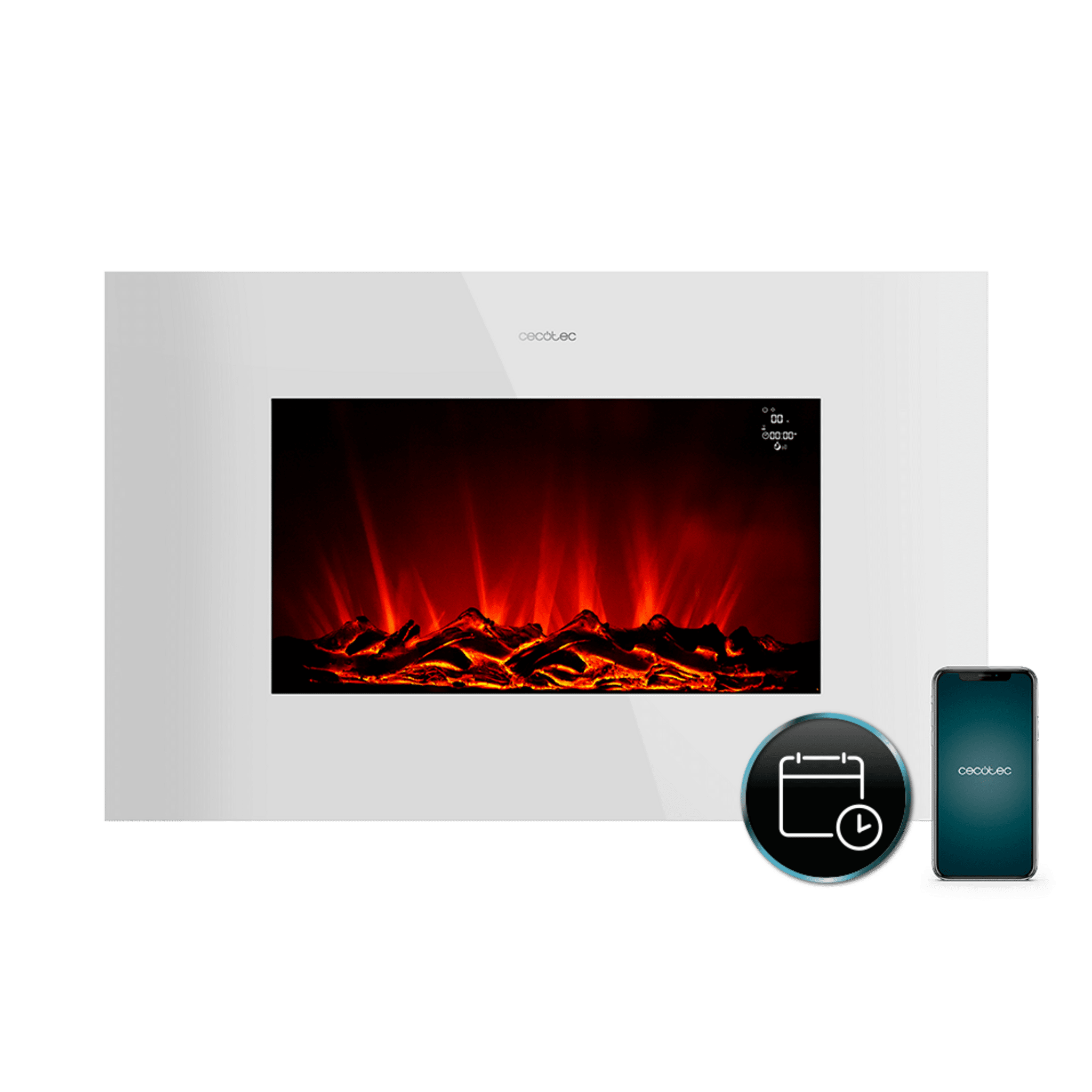 ReadyWarm 3590 Flames Connected White 35" dekorativer Elektrokamin mit einer maximalen Leistung von 2000 W. Zwei Intensitäten 1000 W und 2000 W. Steuerung über Wi-Fi. Fernbedienung. Flache Platte aus gehärtetem Glas. Einstellbare, unabhängige Flammen Wochentage Zeitschaltuhr Offene Tür-Sensor