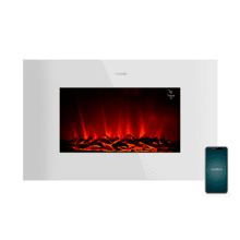 ReadyWarm 3590 Flames Connected White Cheminée électrique décorative de 35” avec une puissance maximale de 2000 W. Deux intensités 1000 W et 2000 W. Contrôle via wifi. Télécommande. Panneau plat en verre trempé. Flamme indépendante et ajustable. Minuterie hebdomadaire. Capteur de porte ouverte.