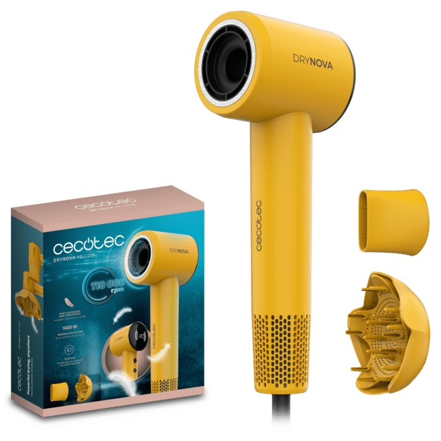 DryNova Yellow Secador de Pelo Brushless Compacto y Ligero con Potente Motor de 1600 W, 110,000 RPM, 2 accesorios, Silencioso y Duradero, con Generador de Iones y Múltiples Ajustes