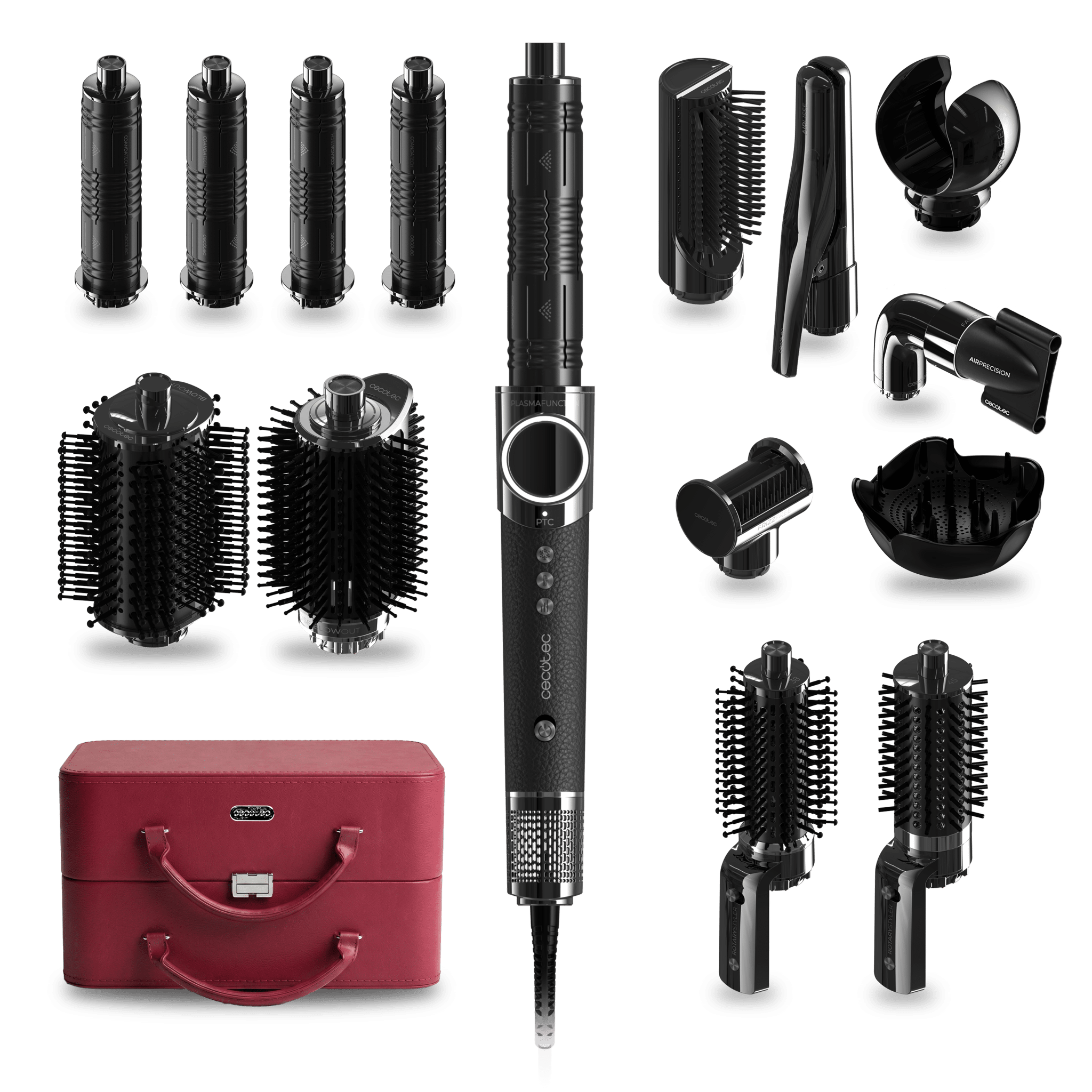 AirGlisse 14in1 Platinum moldeador de pelo con 110.000 rpm, 1400W, Función plasma, 14 accesorios, Placas calefactoras, Función rotativa, Motor Brushless, Estuche de cuero