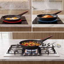 Sartén 28cm, Colección Gourmet+Sartén de 28 cm, apta inducción y todas las cocinas. Construcción de aluminio fundido de 5,5mm con fondo termodifusor encapsulado. Triple capa de revestimiento antiadherente ILAG de la mejor calidad libre de PFOAs.