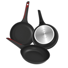 Set sartenes de 20, 24 y 28cm, Colección Gourmet+Set de sartenes 20cm, 24cm y 28cm, aptas inducción y todas las cocinas. Construcción de aluminio fundido de 5,5mm con fondo termodifusor encapsulado. Triple capa de revestimiento antiadherente ILAG de la mejor calidad libre de PFOAs.