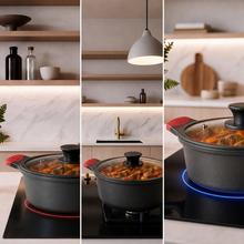 Cacerola alta 20cm, Colección GourmetCacerola de 20 cm, apta inducción y todas las cocinas. Construcción de aluminio fundido de 5,5mm con fondo termodifusor encapsulado. Triple capa de revestimiento antiadherente ILAG de la mejor calidad libre de PFOAs.