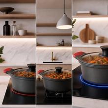 Cacerola alta 20cm, Colección GourmetCacerola de 20 cm, apta inducción y todas las cocinas. Construcción de aluminio fundido de 5,5mm con fondo termodifusor encapsulado. Triple capa de revestimiento antiadherente ILAG de la mejor calidad libre de PFOAs.