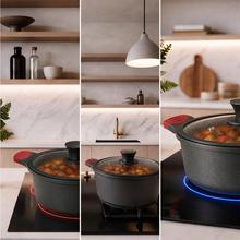 Cacerola alta 24cm, Colección GourmetCacerola de 24 cm, apta inducción y todas las cocinas. Construcción de aluminio fundido de 5,5mm con fondo termodifusor encapsulado. Triple capa de revestimiento antiadherente ILAG de la mejor calidad libre de PFOAs.