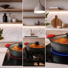 Cacerola baja 28cm, Colección GourmetCacerola de 28 cm, apta inducción y todas las cocinas. Construcción de aluminio fundido de 5,5mm con fondo termodifusor encapsulado. Triple capa de revestimiento antiadherente ILAG de la mejor calidad libre de PFOAs.