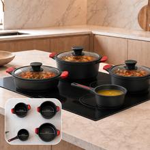 Set cacerolas de 20, 24, 28cm y cazo de 16cm, Colección Gourmet+Set de cacerolas de 20cm, 24cm, 28cm y cazo de 16cm, aptas inducción y todas las cocinas. Construcción de aluminio fundido de 5,5mm con fondo termodifusor encapsulado. Triple capa de revestimiento antiadherente ILAG de la mejor calidad libre de PFOAs.
