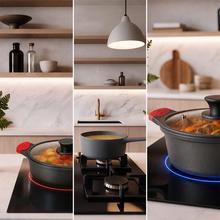 Set cacerolas de 20, 24, 28cm y cazo de 16cm, Colección Gourmet+Set de cacerolas de 20cm, 24cm, 28cm y cazo de 16cm, aptas inducción y todas las cocinas. Construcción de aluminio fundido de 5,5mm con fondo termodifusor encapsulado. Triple capa de revestimiento antiadherente ILAG de la mejor calidad libre de PFOAs.