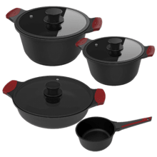 Topfset aus Druckguss (20, 24 und 28 cm) und 16-cm-Topf (Gourmet+): vielseitig und effizient kochen. Dreifache Antihaftbeschichtung für längere Haltbarkeit und gleichmäßige Wärmeverteilung. ILAG Ultimate Protect Pro Beschichtung für optimale Antihaft-Eigenschaften und einfache Reinigung. Geeignet für alle Herdarten; 5,5 mm Boden und ergonomisches Design.