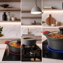 Set cacerolas de 20, 24, 28cm y cazo de 16cm, Colección Gourmet+Set de cacerolas de 20cm, 24cm, 28cm y cazo de 16cm, aptas inducción y todas las cocinas. Construcción de aluminio fundido de 5,5mm con fondo termodifusor encapsulado. Triple capa de revestimiento antiadherente ILAG de la mejor calidad libre de PFOAs.