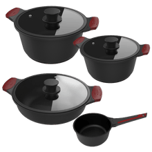 Set cacerolas de 20, 24, 28cm y cazo de 16cm, Colección Gourmet+Set de cacerolas de 20cm, 24cm, 28cm y cazo de 16cm, aptas inducción y todas las cocinas. Construcción de aluminio fundido de 5,5mm con fondo termodifusor encapsulado. Triple capa de revestimiento antiadherente ILAG de la mejor calidad libre de PFOAs.
