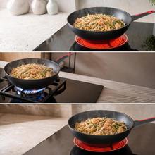 Wok 28cm, Colección Gourmet+Wok de 28 cm, apta inducción y todas las cocinas. Construcción de aluminio fundido de 5,5mm con fondo termodifusor encapsulado. Triple capa de revestimiento antiadherente ILAG de la mejor calidad libre de PFOAs.