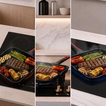 Parrilla Grill 28cm, Colección Gourmet+Parrilla Gril de 28 cm, apta inducción y todas las cocinas. Construcción de aluminio fundido de 5,5mm con fondo termodifusor encapsulado. Triple capa de revestimiento antiadherente ILAG de la mejor calidad libre de PFOAs.