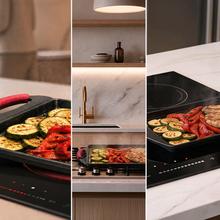 Plancha de asar 40x23cm, Colección Gourmet+Plancha de asar de 40x23cm, apta inducción y todas las cocinas. Construcción de aluminio fundido de 5,5mm con fondo termodifusor encapsulado. Triple capa de revestimiento antiadherente ILAG de la mejor calidad libre de PFOAs.
