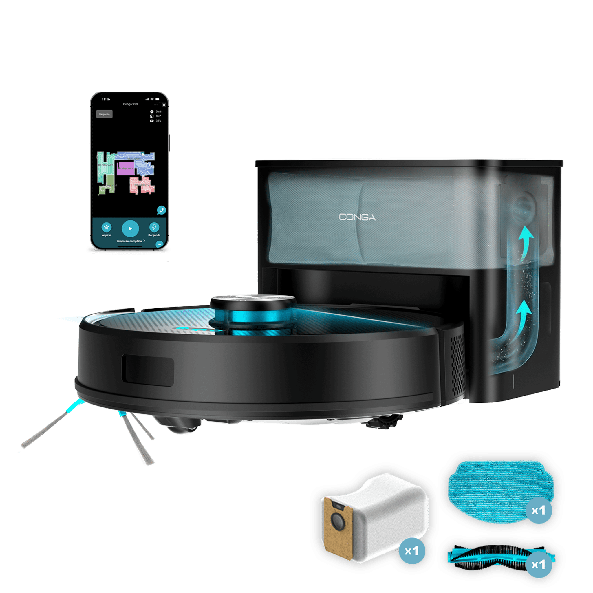 Conga Y50 X-Treme Robot aspirateur. Navigation laser. Pression d'aspiration de 5000 Pa. Grande autonomie. Brosse multifonctions pour toutes les surfaces. Base de vidange automatique avec sac à poussière de 3 litres.