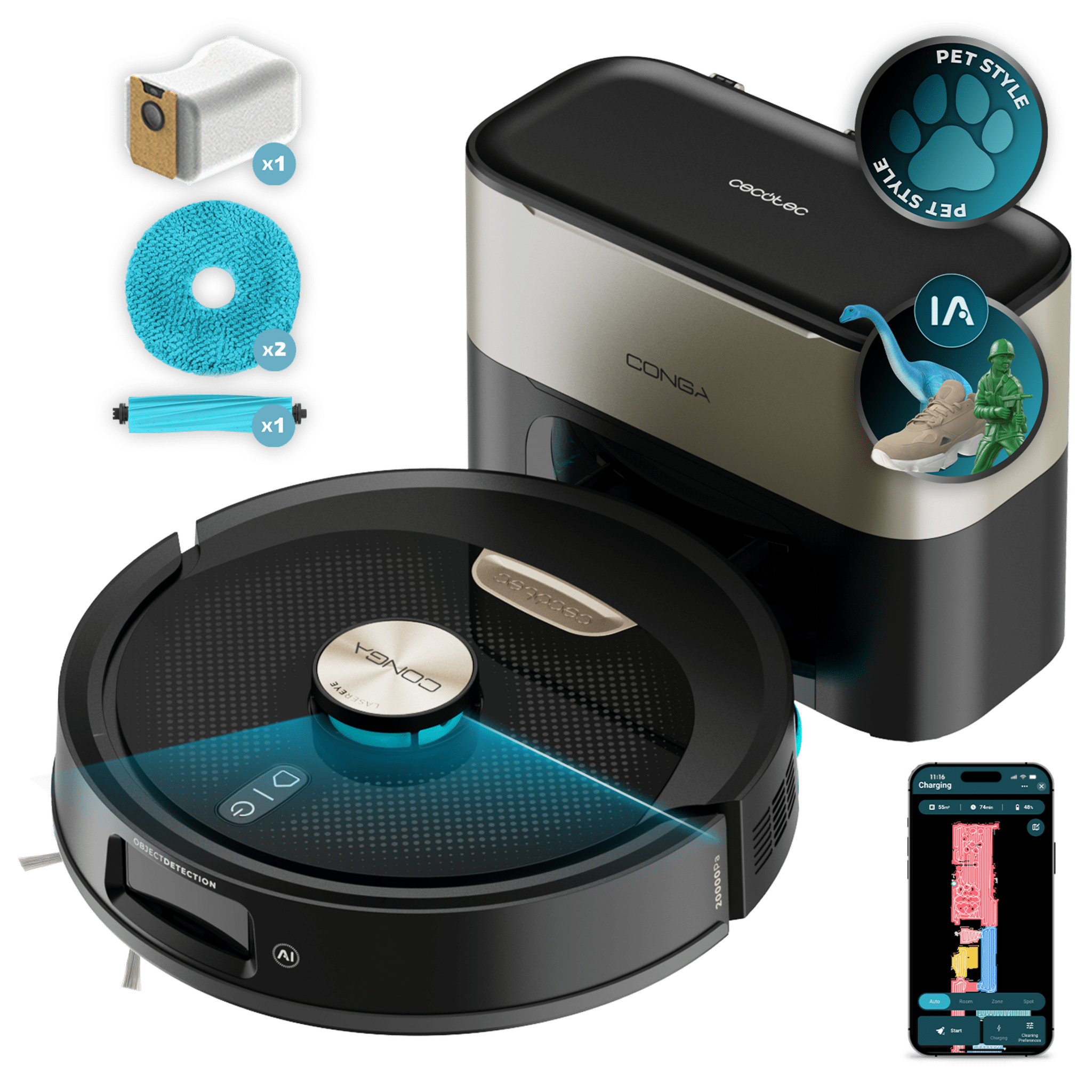 Conga Y100 X-Treme Robot aspirateur. Navigation laser. 20000 Pa de pression d’aspiration. Couverture jusqu'à 220 m². Brosse en silicone spécialement conçue pour les poils d’animaux. Base de vidange automatique avec sac à poussière.