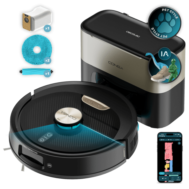 Conga Y100 X-Treme Robot aspirador con Navegación láser. 20000 Pa de presión de succión. Cubre hasta 220 m². Cepillo de silicona especial para casas con mascotas. Base de autovaciado con bolsa de polvo.