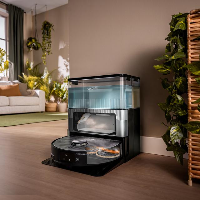 Conga X100 X-Treme Robot aspirateur avec système de nettoyage adaptatif. Puissance d'aspiration de 20000 Pa, base 4 en 1 avec désinfection. Intelligence artificielle avec caméra. Tissus rotatifs et soulevables. Brosse latérale et tissu extensible. Application avec vidéo manager.