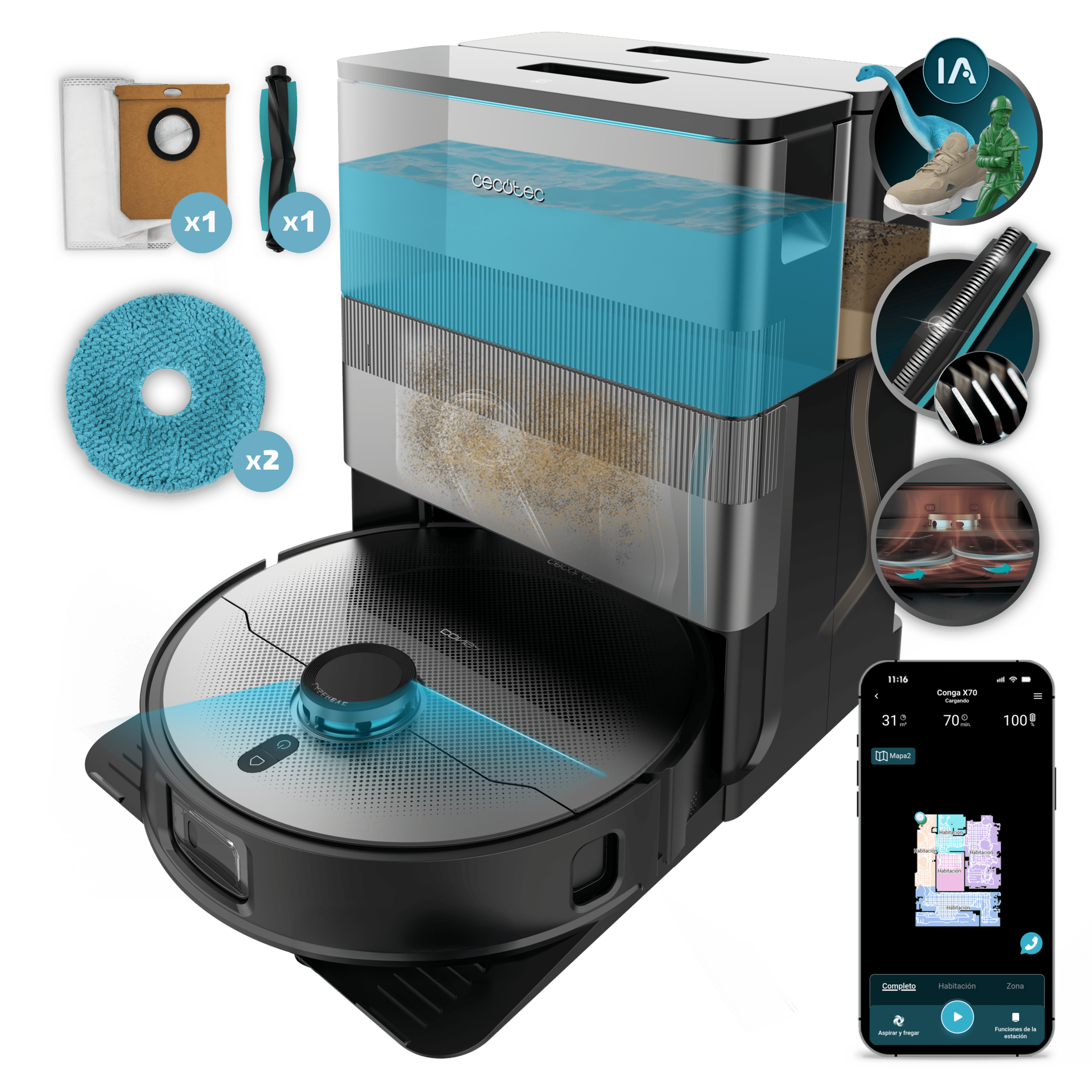 Conga X100 X-Treme Saugroboter mit adaptivem Reinigungssystem. 20.000 Pa Saugkraft, 4-in-1-Station mit Desinfektionsfunktion. KI-gestützte Kamera. Anhebbare rotierende Wischmopps. Seitenbürste und ausfahrbarer Mopp. App mit integrierter Video-Verwaltung.