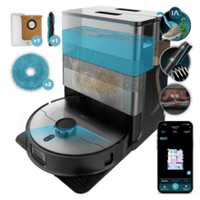Conga X100 X-Treme Robot aspirapolvere con sistema di pulizia adattativo. Potenza di aspirazione di 20000 Pa, base 4 in 1 con disinfezione. Intelligenza artificiale con fotocamera. Mop girevoli e sollevabili. Spazzola laterale e mop estensibile. App con video manager.