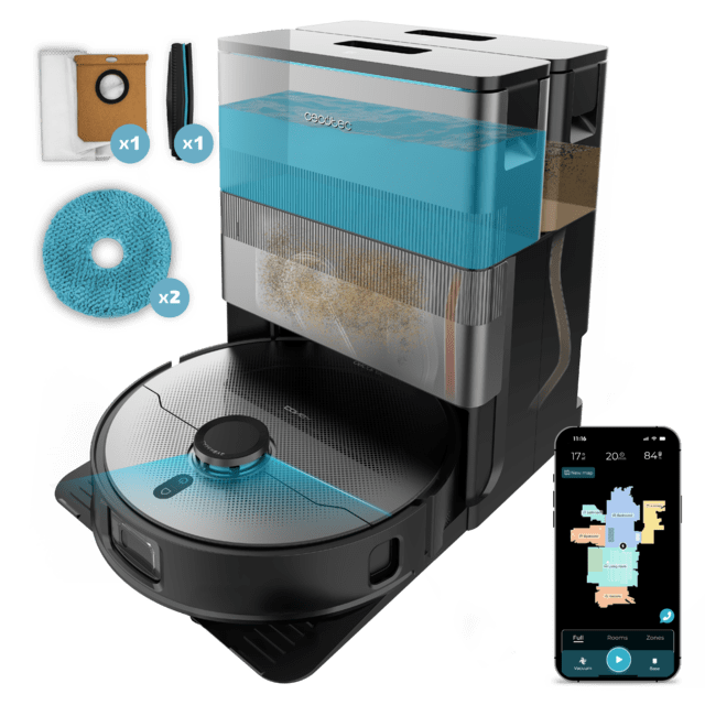 Conga X100 X-Treme Robot aspirateur avec système de nettoyage adaptatif. Puissance d'aspiration de 20000 Pa, base 4 en 1 avec désinfection. Intelligence artificielle avec caméra. Tissus rotatifs et soulevables. Brosse latérale et tissu extensible. Application avec vidéo manager.