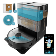 Conga X100 X-Treme Robot aspirateur avec système de nettoyage adaptatif. Puissance d'aspiration de 20000 Pa, base 4 en 1 avec désinfection. Intelligence artificielle avec caméra. Tissus rotatifs et soulevables. Brosse latérale et tissu extensible. Application avec vidéo manager.