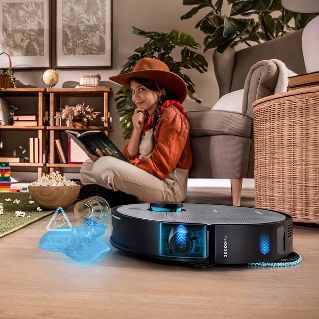 Conga X100 X-Treme Robot aspirateur avec système de nettoyage adaptatif. Puissance d'aspiration de 20000 Pa, base 4 en 1 avec désinfection. Intelligence artificielle avec caméra. Tissus rotatifs et soulevables. Brosse latérale et tissu extensible. Application avec vidéo manager.