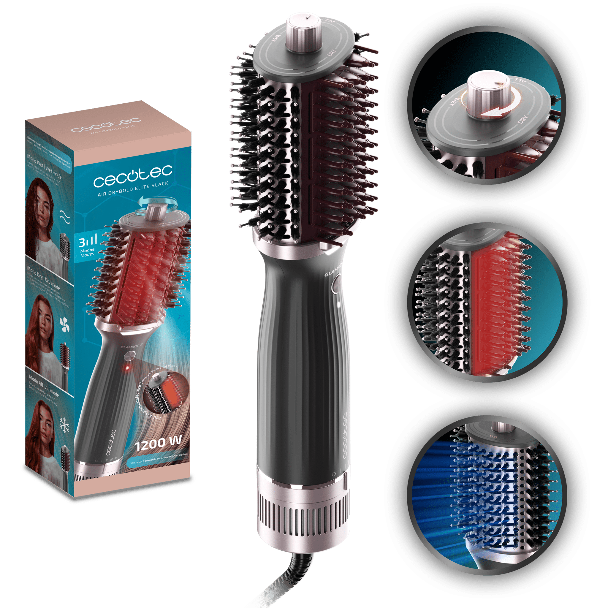 Air DryBold Elite Black Cepillo Moldeador, 1200W, 3 modos: seca, moldea y alisa, Tecnología iónica