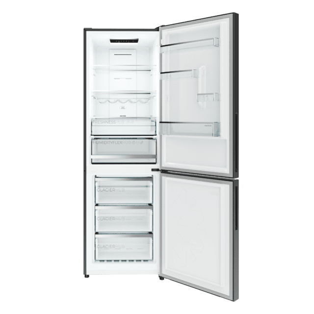 Bolero CoolMarket Combi 322i Inox D Cecotec - Frigorífico Combi con acabado metalizado Inox Premium, 322L, Ancho 59,5cm, Alto 185,5cm, Tecnología Total NoFrost, Multi Airflow, HumidityFlex HUB y Puerta Reversible - Iluminación LED, Display Interior y Clase D.