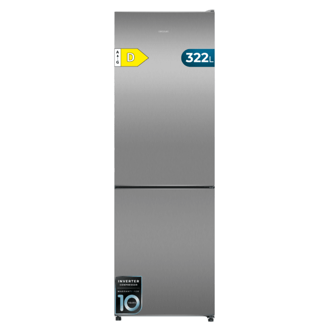 Bolero CoolMarket Combi 322i Inox D Cecotec - Frigorífico Combi con acabado metalizado Inox Premium, 322L, Ancho 59,5cm, Alto 185,5cm, Tecnología Total NoFrost, Multi Airflow, HumidityFlex HUB y Puerta Reversible - Iluminación LED, Display Interior y Clase D.