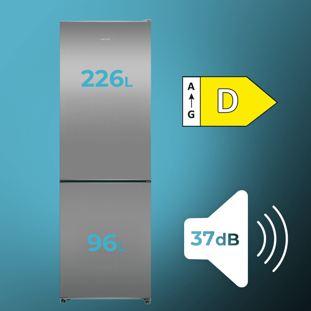 Bolero CoolMarket Combi 322i Inox D Cecotec - Frigorífico Combi con acabado metalizado Inox Premium, 322L, Ancho 59,5cm, Alto 185,5cm, Tecnología Total NoFrost, Multi Airflow, HumidityFlex HUB y Puerta Reversible - Iluminación LED, Display Interior y Clase D.