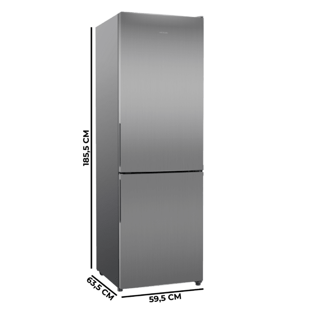 Bolero CoolMarket Combi 322i Inox D Cecotec - Frigorífico Combi con acabado metalizado Inox Premium, 322L, Ancho 59,5cm, Alto 185,5cm, Tecnología Total NoFrost, Multi Airflow, HumidityFlex HUB y Puerta Reversible - Iluminación LED, Display Interior y Clase D.