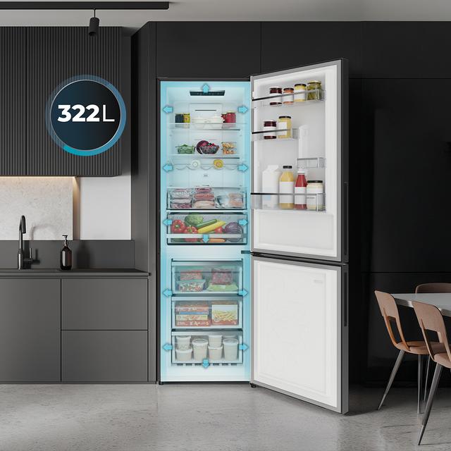 Bolero CoolMarket Combi 322i WD Inox D - Frigorífico Combi Acero Inoxidable con Dispensador de Agua, 322L, Ancho 59,5cm, Alto 185,5cm, Total NoFrost, Multi Airflow, HumidityFlex HUB y Puerta Reversible - Iluminación LED y Display Interior