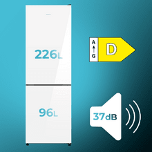 Bolero CoolMarket Combi 322i White Glass D Cecotec - Frigorífico combi con acabado cristal blanco  Premium, 322L, Ancho 59,5cm, Alto 185,5cm, Tecnología Total NoFrost, Multi Airflow, HumidityFlex HUB y Puerta Reversible - Iluminación LED y Display Interior