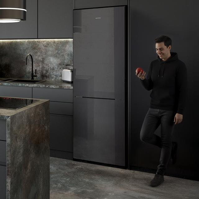 Bolero CoolMarket Combi 322i Grey Glass D Cecotec - Frigorífico Combi Cristal Gris, 322L, Ancho 59,5cm, Alto 185,5cm, Total NoFrost, Multi Airflow, HumidityFlex HUB y Puerta Reversible - Iluminación LED y Display Interior