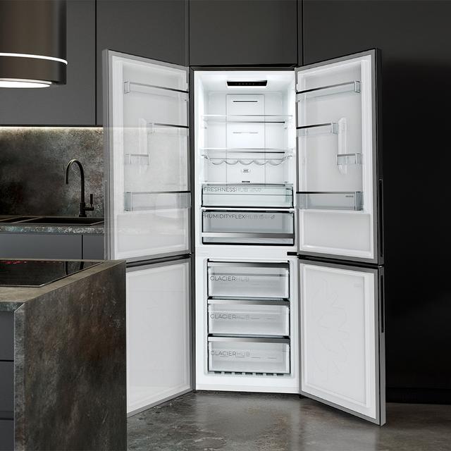 Bolero CoolMarket Combi 322i Grey Glass D Cecotec - Frigorífico Combi Cristal Gris, 322L, Ancho 59,5cm, Alto 185,5cm, Total NoFrost, Multi Airflow, HumidityFlex HUB y Puerta Reversible - Iluminación LED y Display Interior