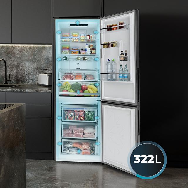 Bolero CoolMarket Combi 322i Grey Glass D Cecotec - Frigorífico Combi Cristal Gris, 322L, Ancho 59,5cm, Alto 185,5cm, Total NoFrost, Multi Airflow, HumidityFlex HUB y Puerta Reversible - Iluminación LED y Display Interior