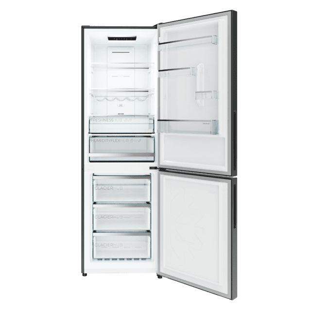 Bolero CoolMarket Combi 322i Black Glass D - Frigorífico Combi Cristal Negro, 322L, Ancho 59,5cm, Alto 185,5cm, Total NoFrost, Multi Airflow, HumidityFlex HUB y Puerta Reversible - Iluminación LED y Display Interior