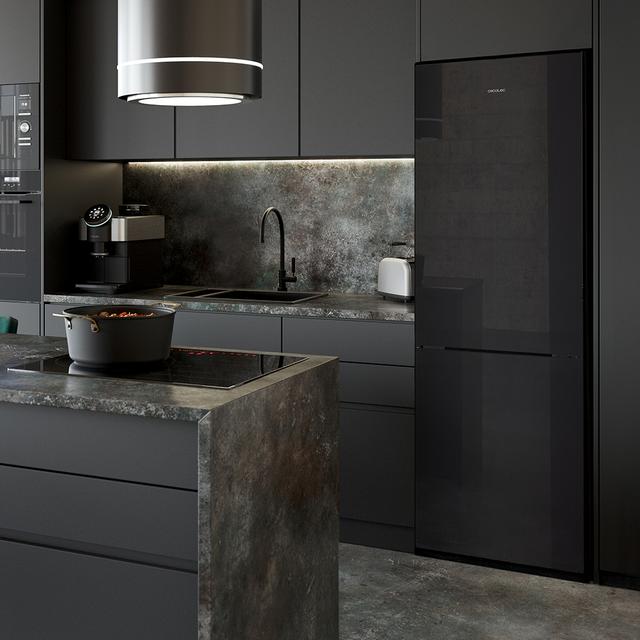 Bolero CoolMarket Combi 322i Black Glass D - Frigorífico Combi Cristal Negro, 322L, Ancho 59,5cm, Alto 185,5cm, Total NoFrost, Multi Airflow, HumidityFlex HUB y Puerta Reversible - Iluminación LED y Display Interior