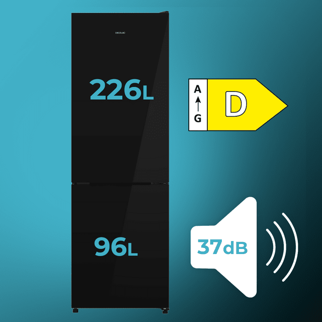 Bolero CoolMarket Combi 322i Black Glass D - Frigorífico Combi Cristal Negro, 322L, Ancho 59,5cm, Alto 185,5cm, Total NoFrost, Multi Airflow, HumidityFlex HUB y Puerta Reversible - Iluminación LED y Display Interior