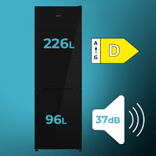 Bolero CoolMarket Combi 322i Black Glass D - Frigorífico Combi Cristal Negro, 322L, Ancho 59,5cm, Alto 185,5cm, Total NoFrost, Multi Airflow, HumidityFlex HUB y Puerta Reversible - Iluminación LED y Display Interior